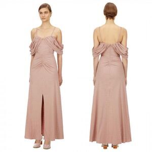 Rare Self Portrait Diamanté Crepe Beige Off Shoulder Draped Ruched Dress Size 6